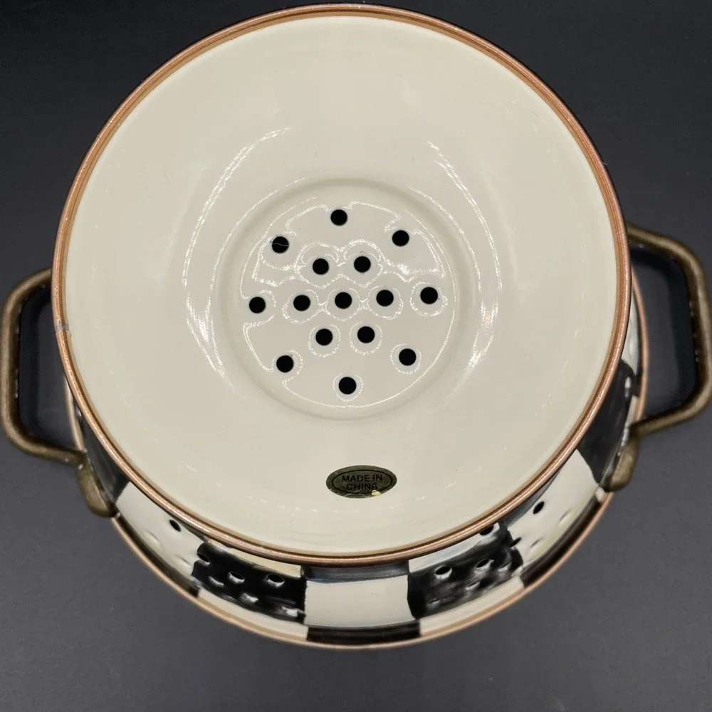 MacKenzie Childs Courtly Check Small Colander Enamel Strainer Black And White